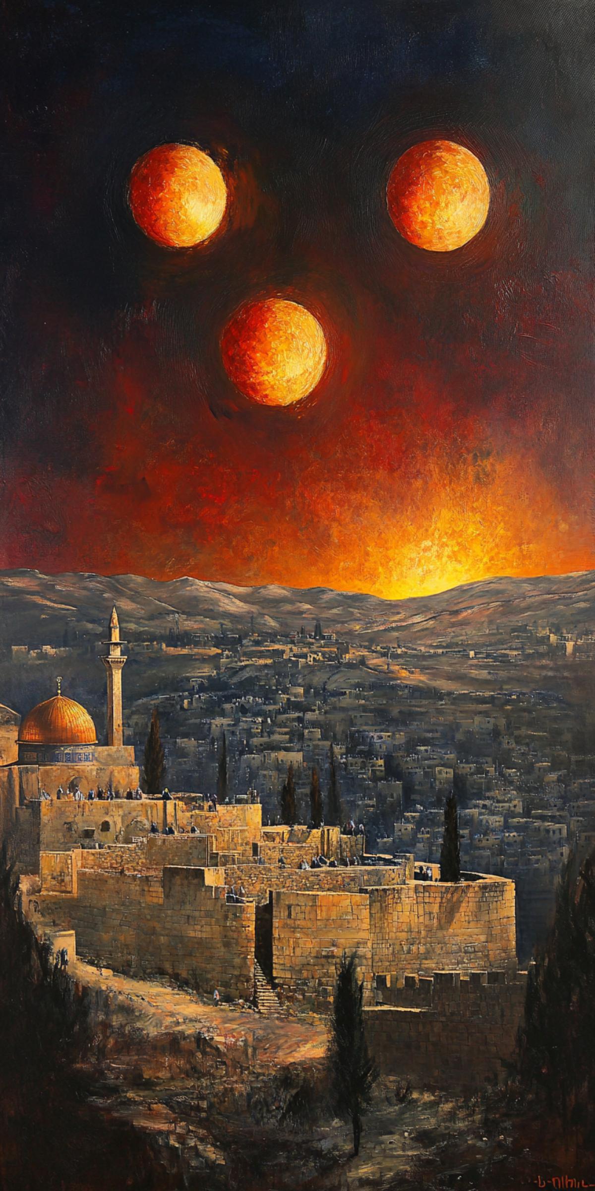 Three suns in the sky.. The suns are luminescent. landscape of Jerusalem.
