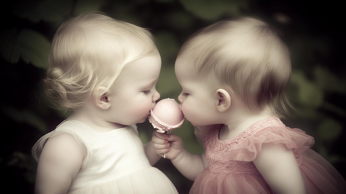 Two little girls eating together one ice cream on both sides, close-up, profile view, retro style photo