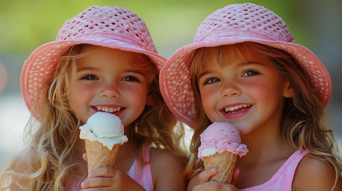 Two little girls 5 years old are eating together one ice cream on both sides, close-up, profile view, retro style photography, backlighting