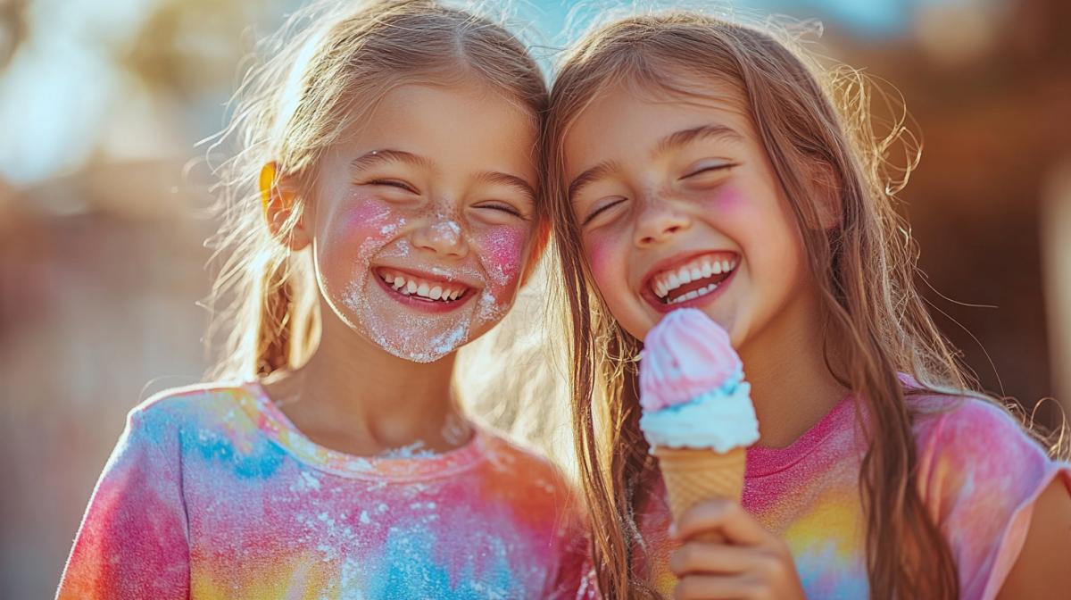 Two little girls 5 years old are eating together one ice cream on both sides, facing each other, close-up, profile view, retro style photography, back lighting, natural light, reportage shot