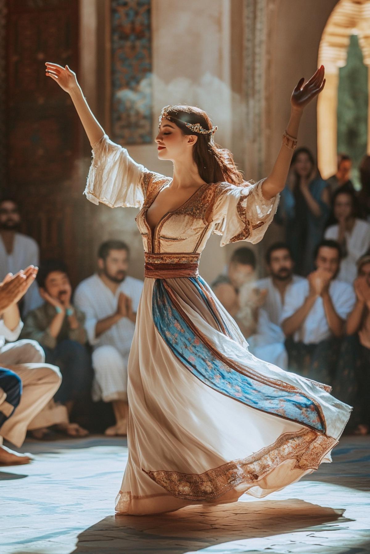 An oriental woman dances a beautiful oriental dance in a palace. Men in traditional oriental outfits sit around her and clap their hands. Lots of sunshine. Bright colors.