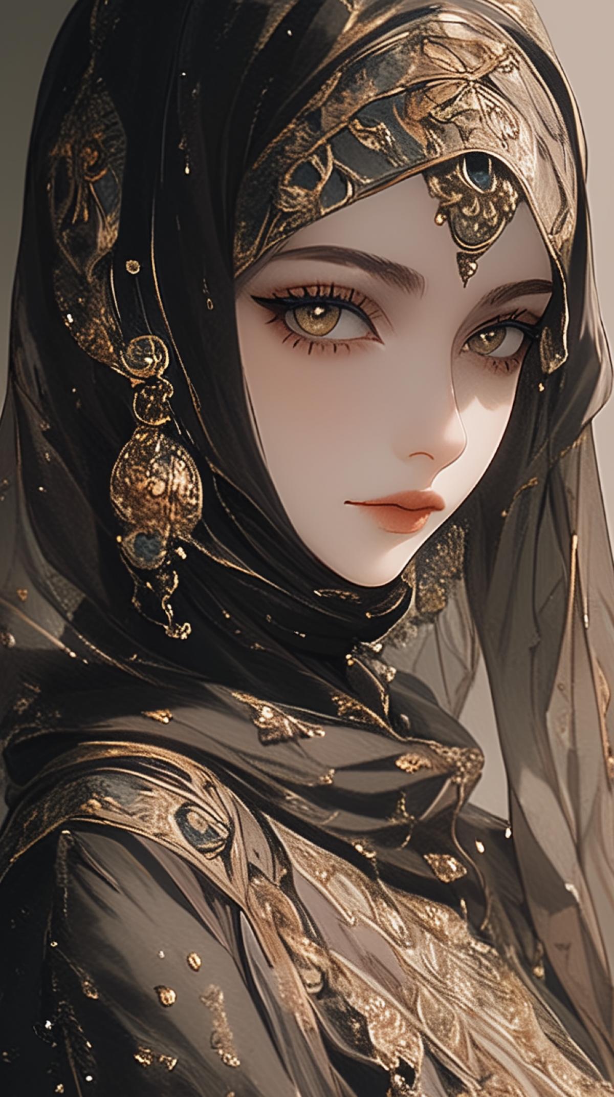 girl, oriental motifs, hijab, beautiful brown eyes, dark fantasy style, night, dark hair, oriental jewelry, in the style of action painter, light grey and dark dark, detailed costumes, pendleton ward, close up,