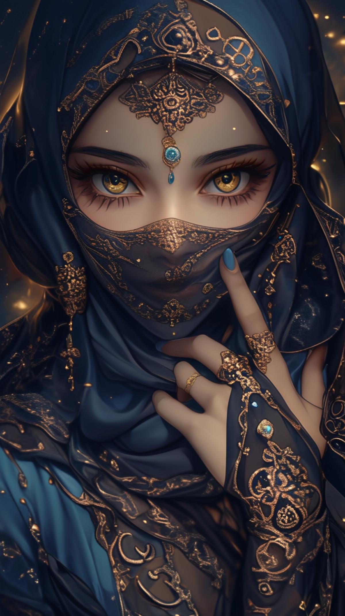 girl, oriental motifs, hijab, beautiful brown eyes, stars and moon, night, dark hair, oriental jewelry, fantasy style,in the style of action painter, light blue and dark dark, karol bak, sharp focus, detailed costumes, pendleton ward, close up