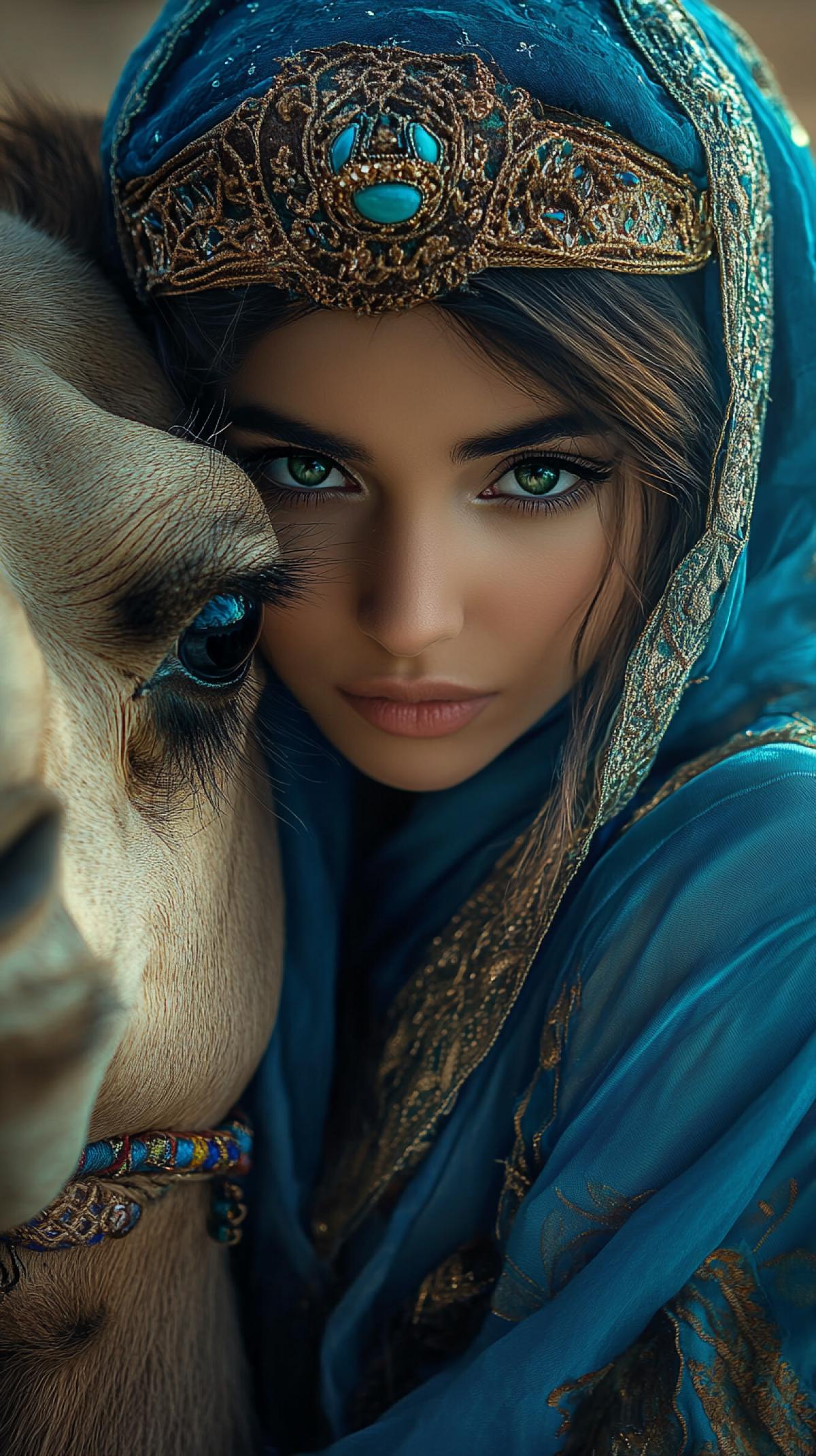 An oriental beauty in a blue national dress, beautiful green eyes, a traditional decoration of Arab women on her face, hugging a camel, severity and in her eyes and facial expression, dark skin, desert background, heat.