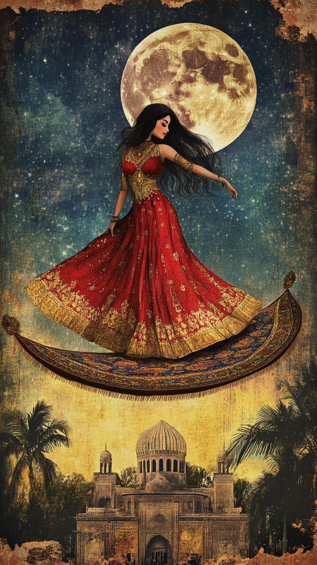 An Arabian beauty like the e of the fairy tale Scheherazade from One Thousand and One Nights, she stands on a flying beautiful Persian flying carpet, national Arab outfit, background night landscape, palace, palm trees, night starry sky with a full moon