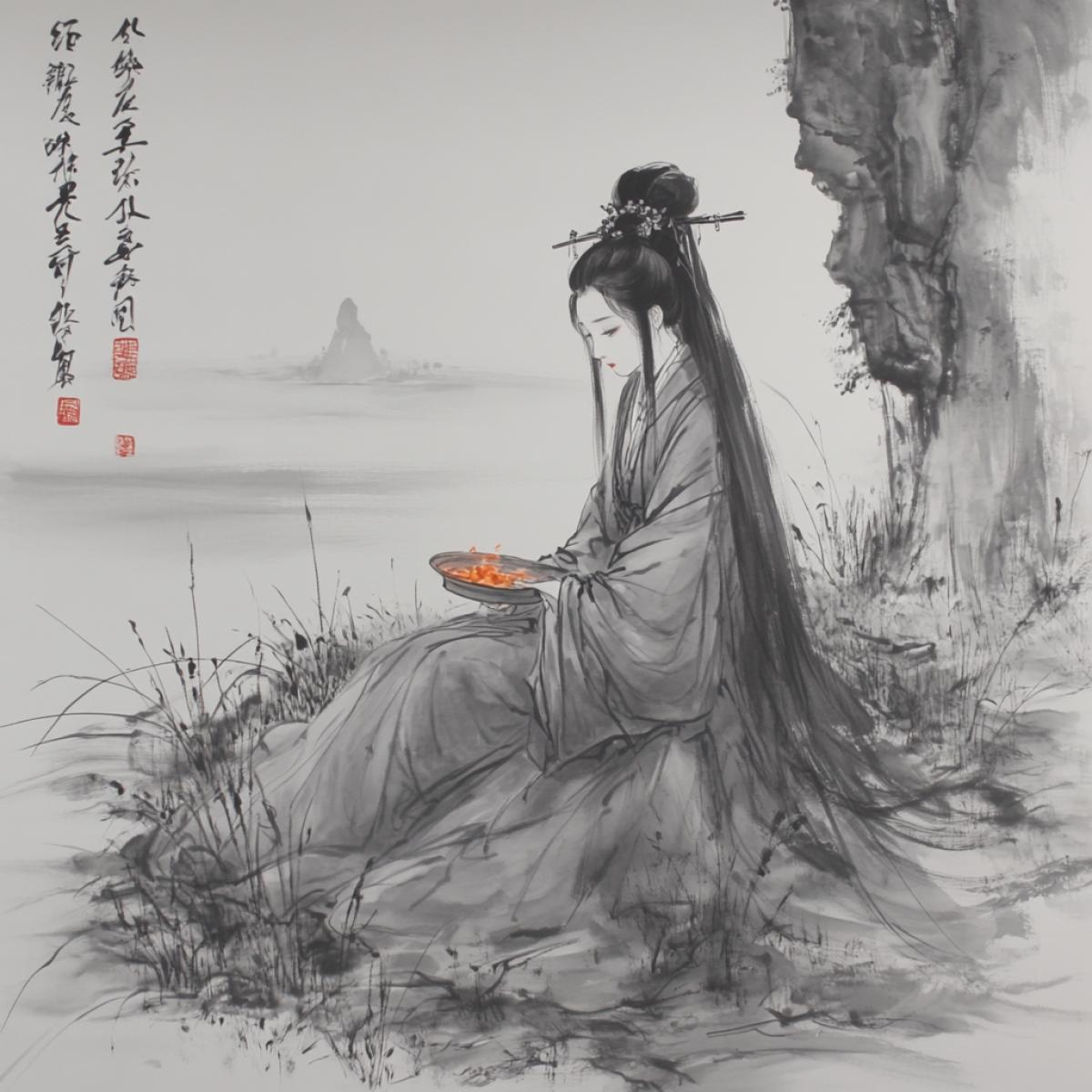 Young woman in kimono on a bicycle ride, Chinese ink, Gohua painting, by Gu Yingzhi