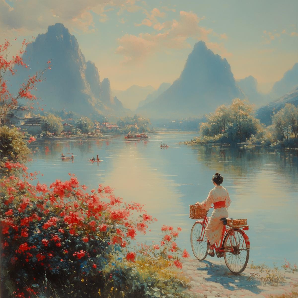 Young woman in kimono on a bicycle ride, Chinese ink, Gohua painting, by Gu Yingzhi