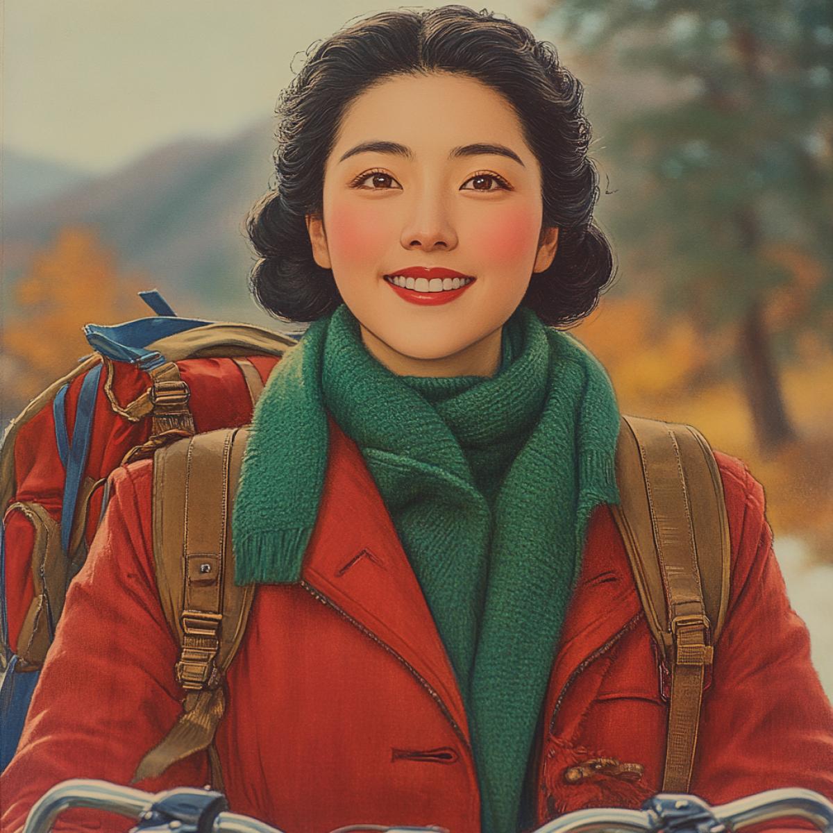 Young woman in kimono on a bicycle ride, Chinese ink, Gohua painting, by Gu Yingzhi