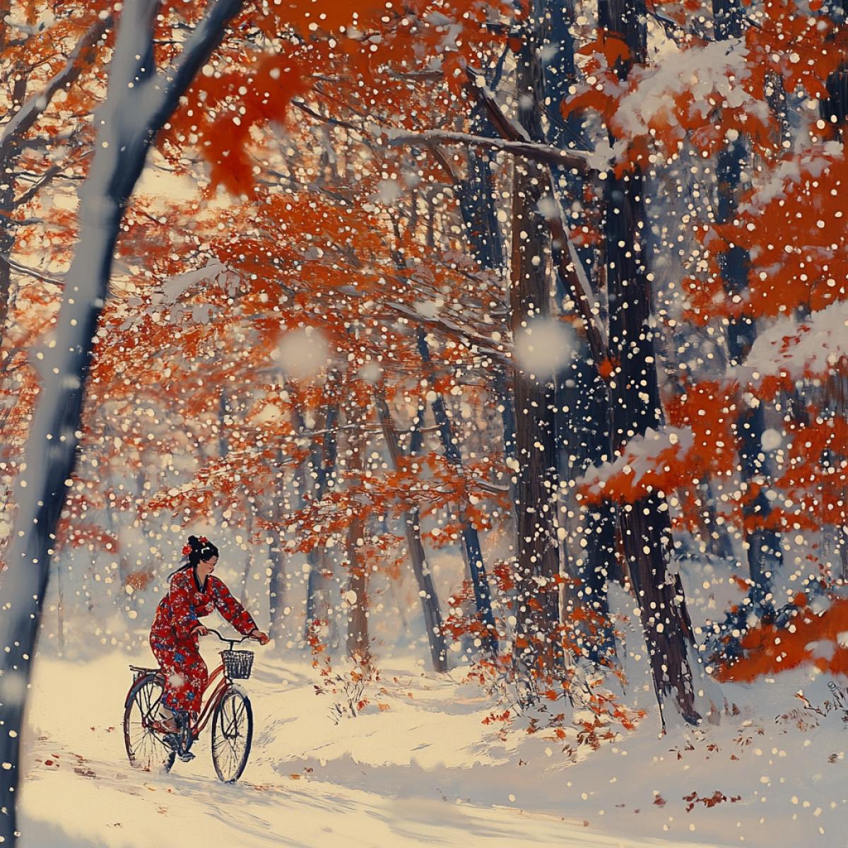 Young woman in kimono on a bicycle ride, Chinese ink, Gohua painting, by Gu Yingzhi