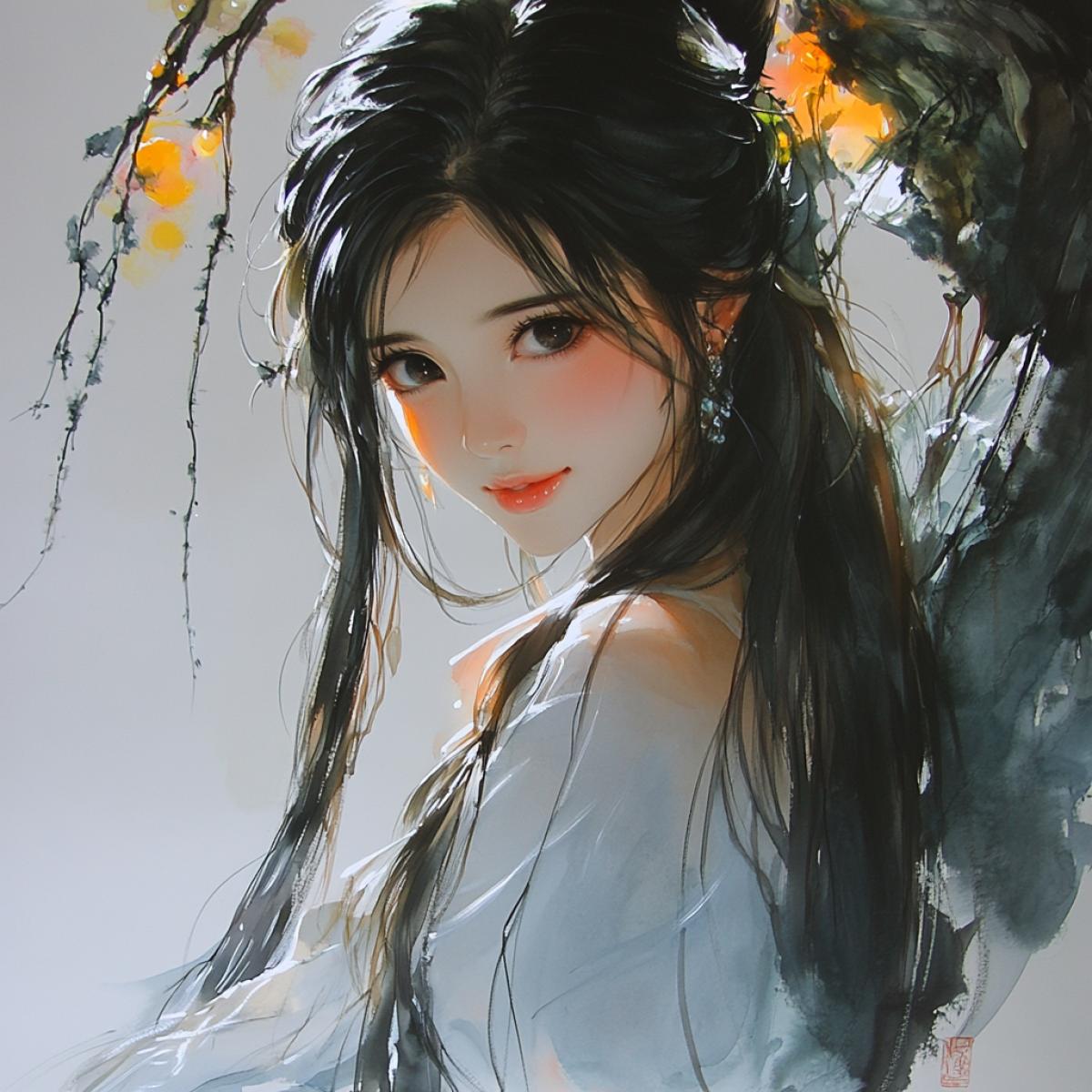 Young woman in kimono on a bicycle ride, Chinese ink, Gohua painting, by Gu Yingzhi