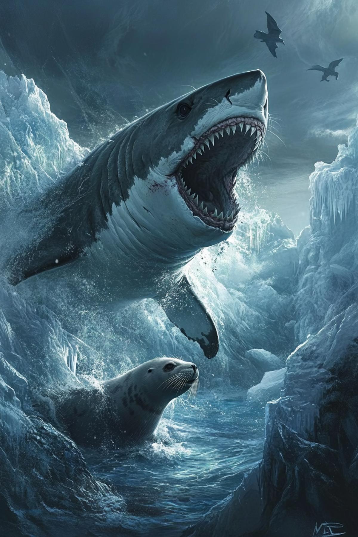 A shark attacks a seal. Ice floes, ocean. A shark hunts a seal. Ice floes, ocean.