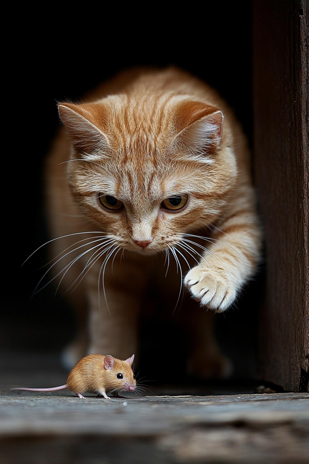 A beautiful ginger house cat is hunting for a mouse. Ready to jump.