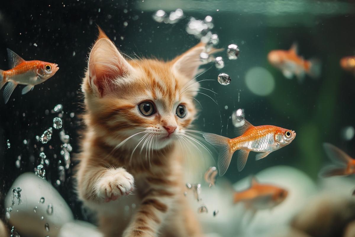 A kitten catches fish from an aquarium, the fish swim away in different directions in horror