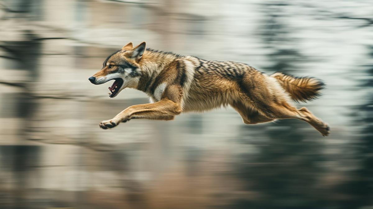 predatory animal on the hunt in the process of a high-speed jump