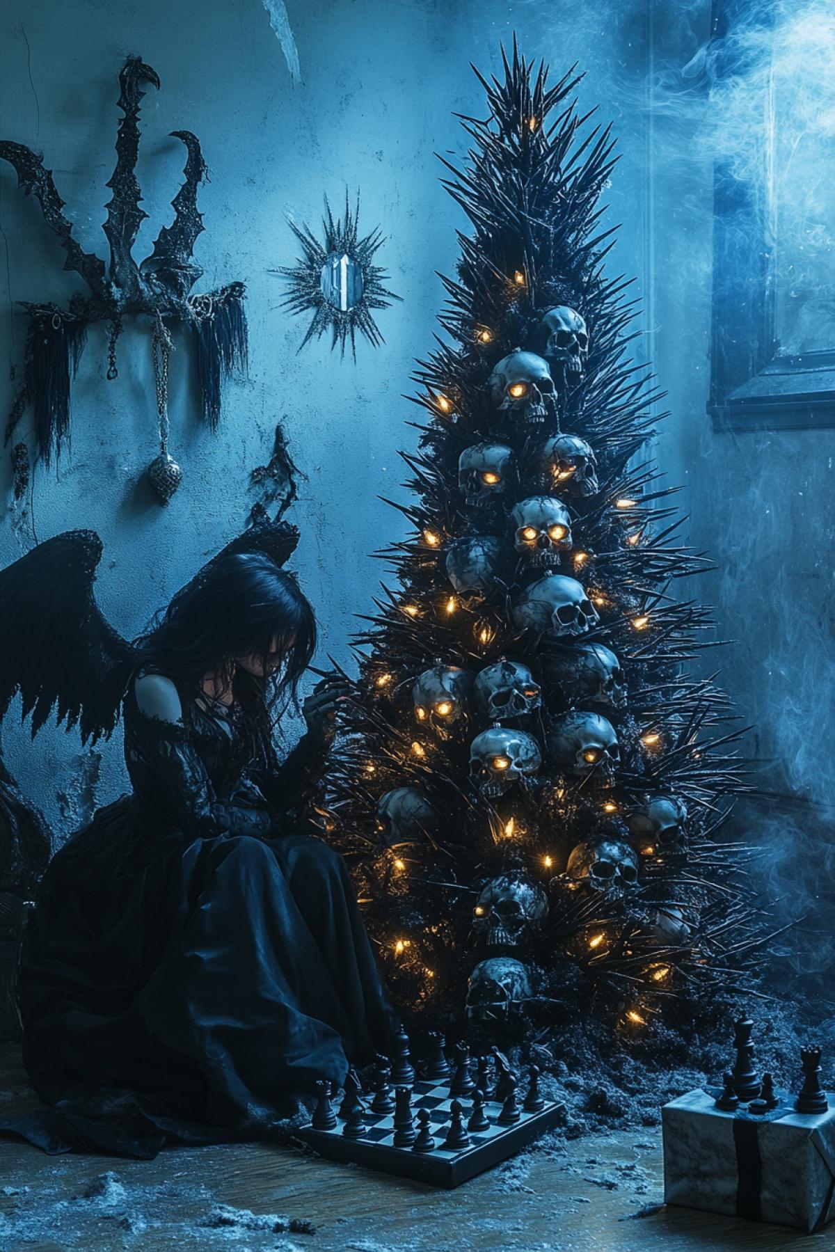A predatory Christmas tree made of thorns, horror gothic mysticism, decorated with crystal skulls with glowing eyes and a dark angel sitting next to him with death playing chess on the floor