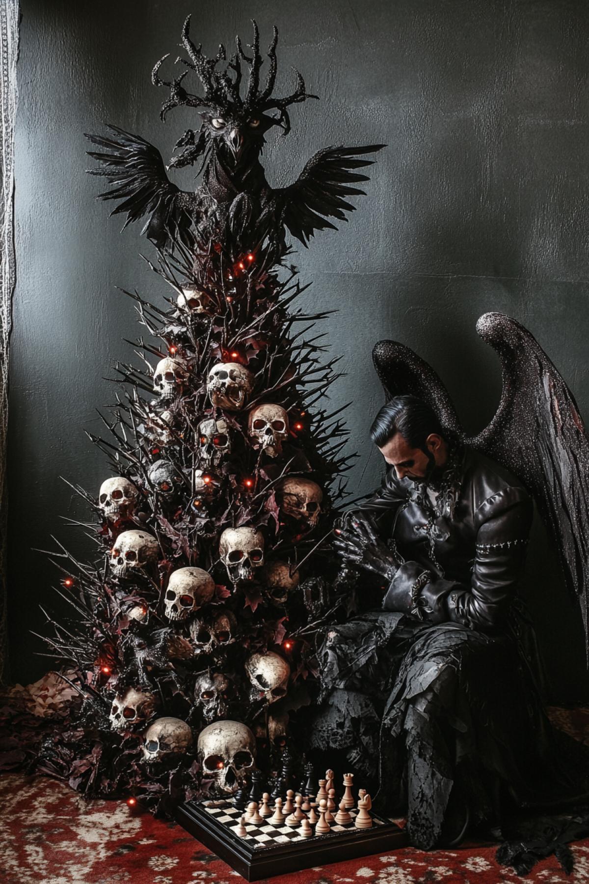 A predatory Christmas tree made of thorns, horror gothic mysticism, decorated with crystal skulls with glowing eyes and a dark angel sitting next to him with death playing chess on the floor
