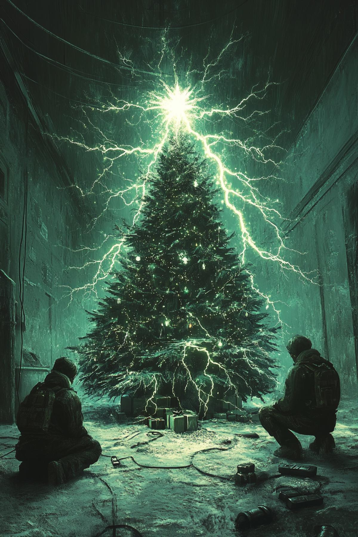 Christmas tree in the style of S.T.A.L.K.E.R. Near the tree, two stalkers are kneeling and praying. The Christmas tree is surrounded by an electrical anomaly.