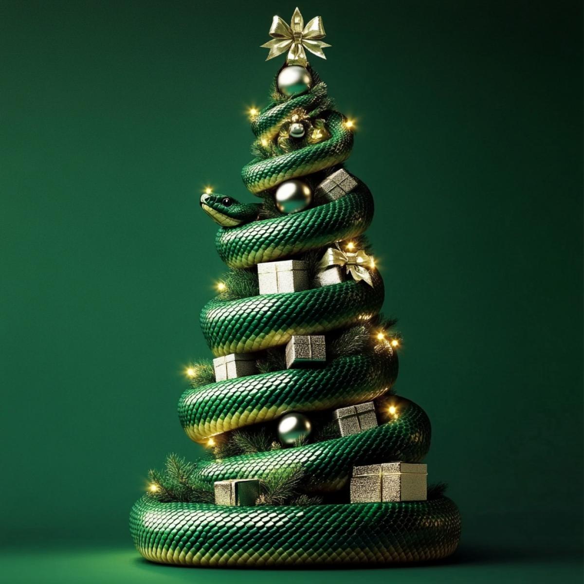Christmas tree in the shape of a snake. A green live snake wraps itself around a cone; silver New Years balls and boxes with bows are located on the snake. Lights in the background. Realistic high quality photo