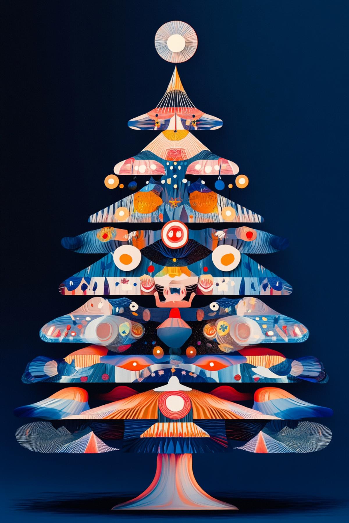 Christmas tree in Scandinavian style, joy, happiness, holiday, maximalism, flickering, realistic image, photoshop