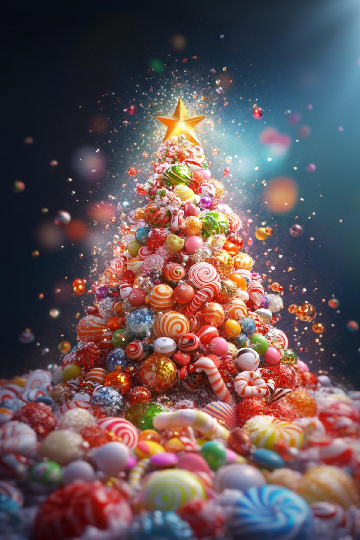 Christmas tree made of candies, joy, happiness, holiday, maximalism, flickering, realistic image, photoshop