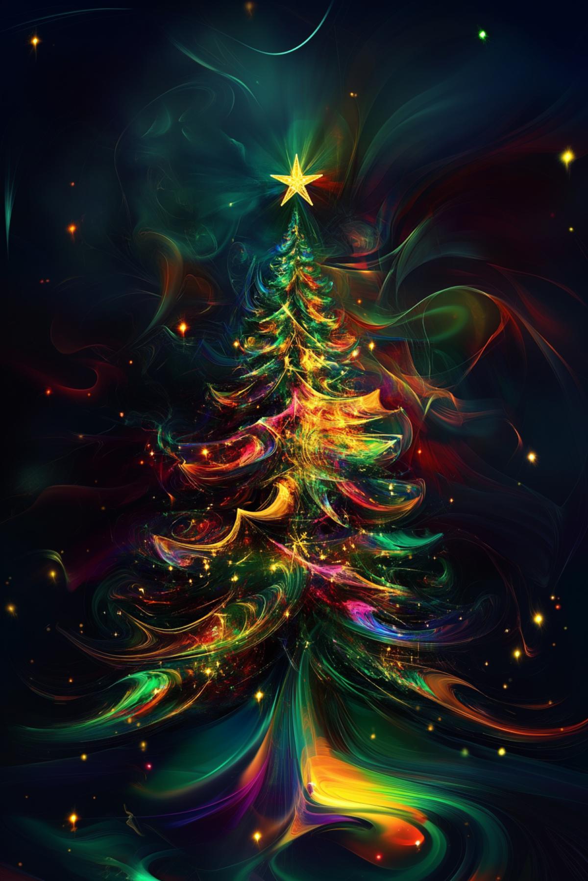 Christmas tree in fusion style, minimalism, psychedelic, joy, happiness, holiday, maximalism, flickering, realistic image, photoshop