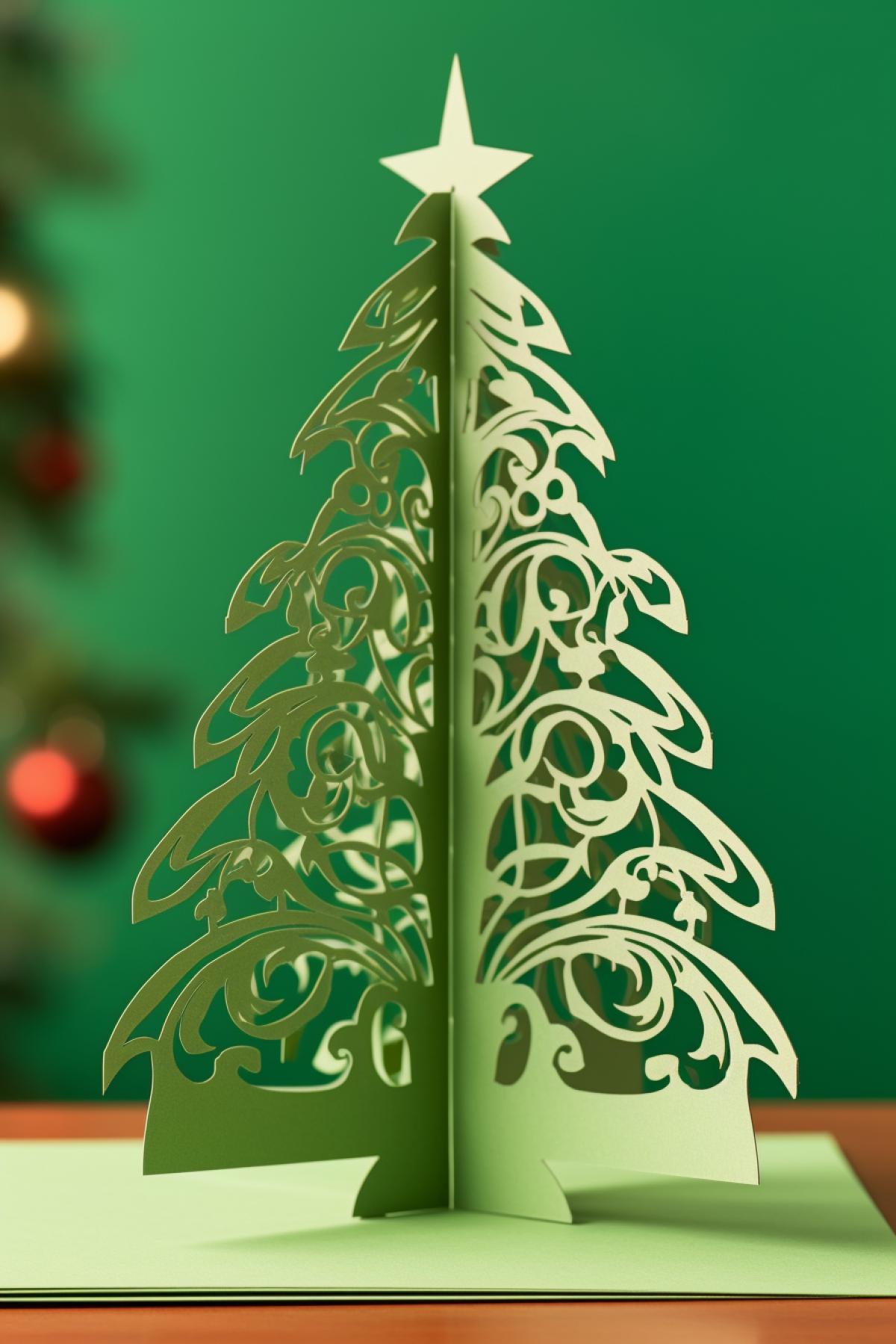 Stylized Christmas tree cut out of paper, postcard in kirigami style
