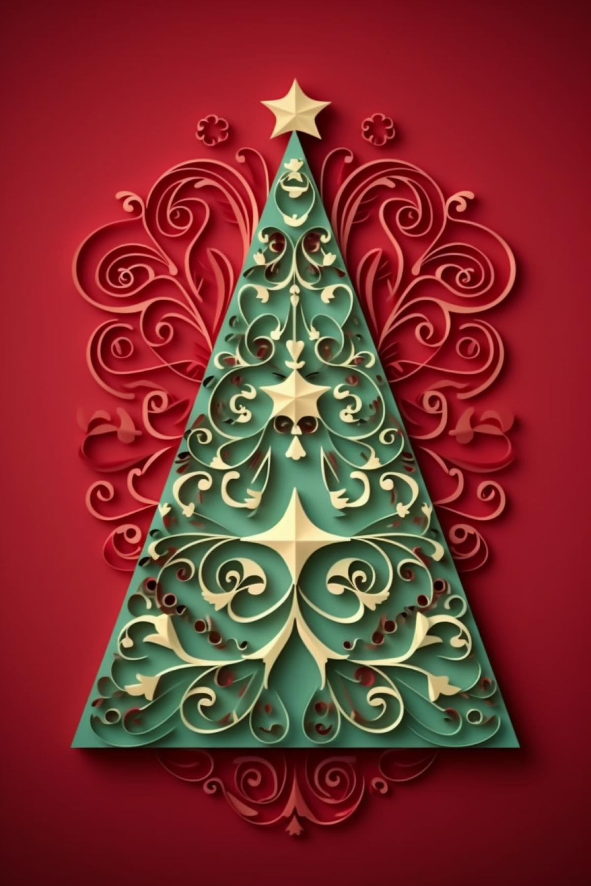 Stylized Christmas tree cut out of paper, postcard in kirigami style