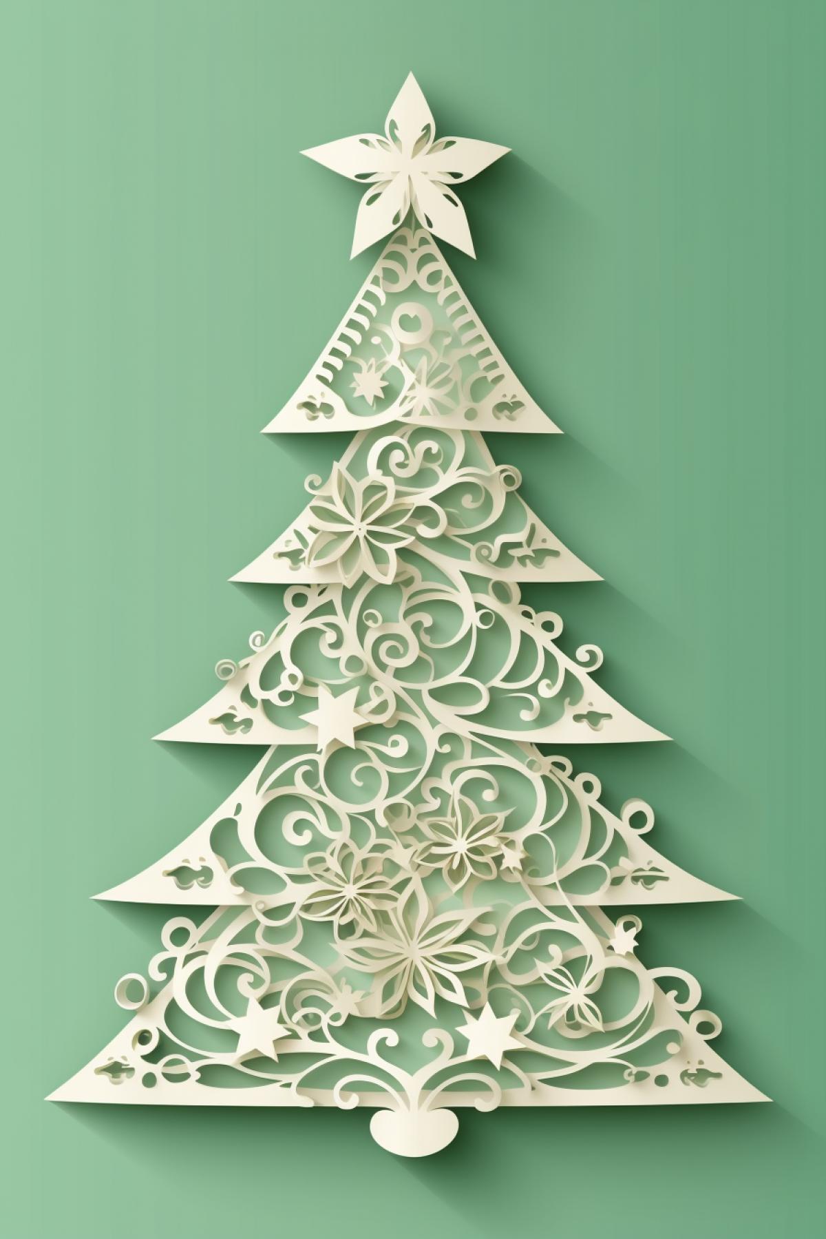 Stylized Christmas tree cut out of paper, postcard in kirigami style