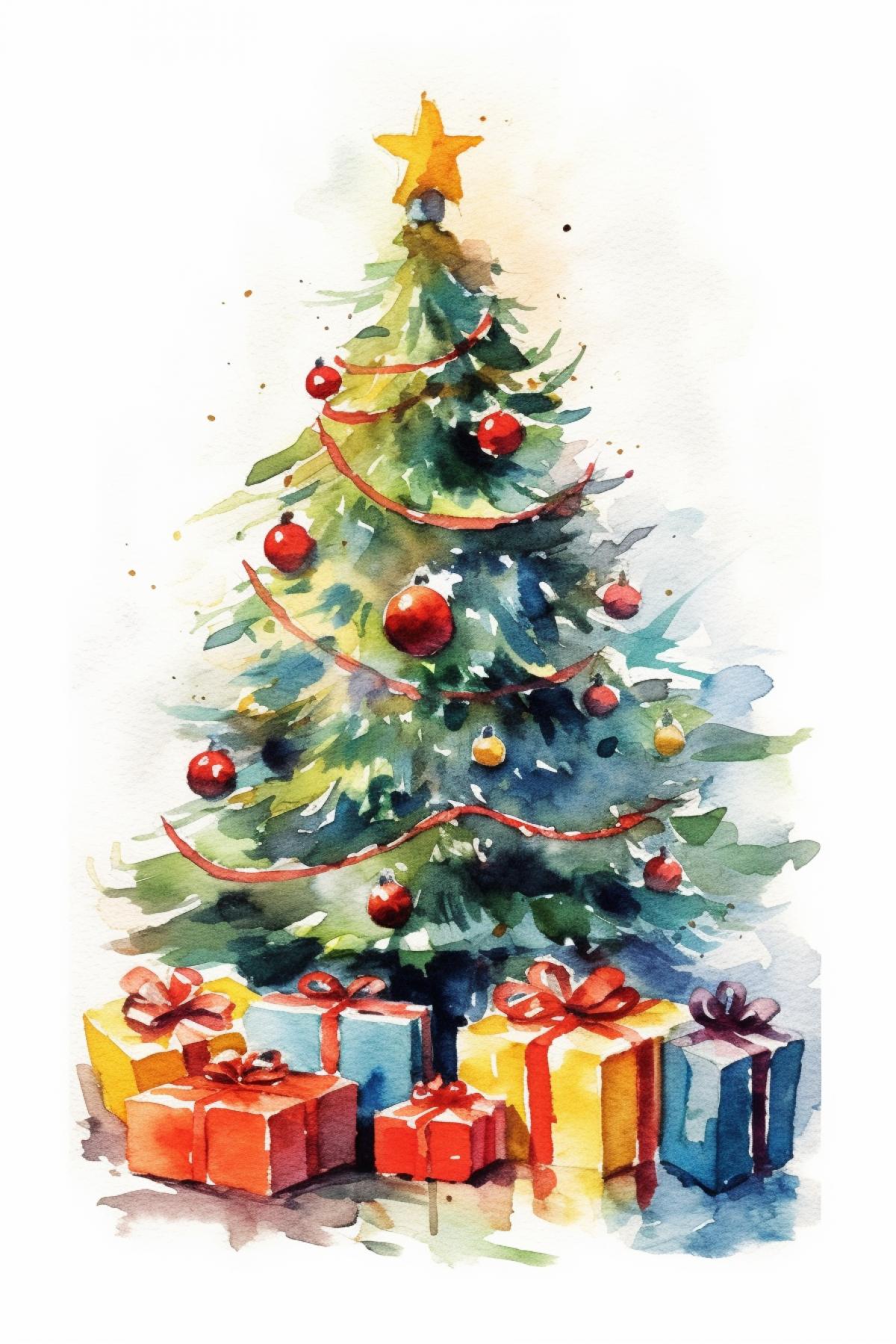 Christmas tree, with gifts and toys, watercolor sketch