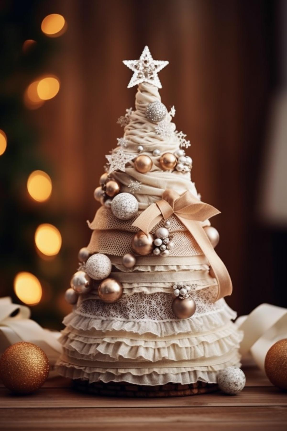 Christmas tree made of fabric and lace, decorative interior toy, decorated with beads and buttons