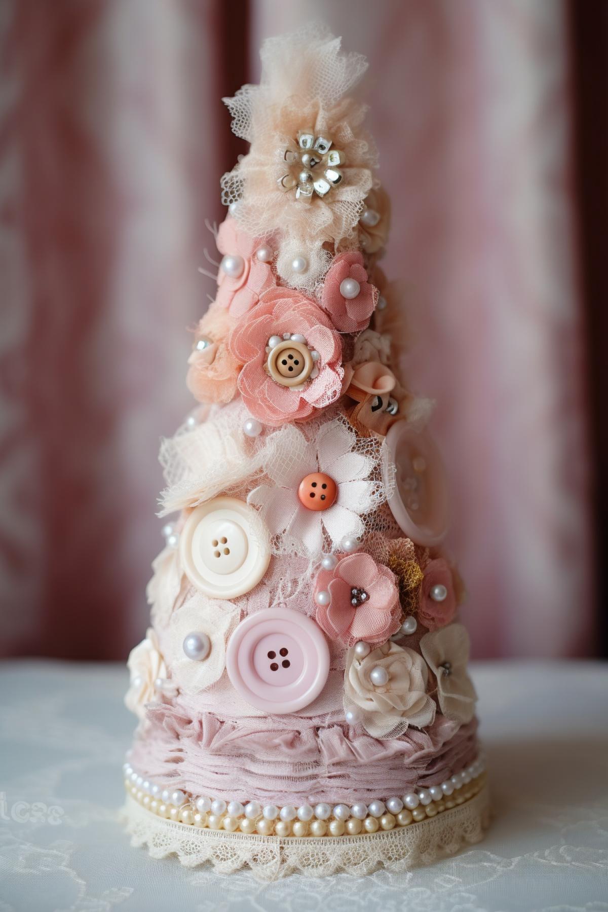 Christmas tree made of fabric and lace, decorative interior toy, decorated with beads and buttons