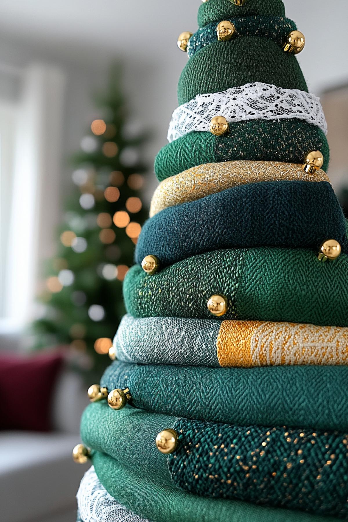Christmas tree made of green scraps of fabric with different textures, silk, velvet, brocade, trimmed with white lace and gold beads and colored glass beads, different sizes, touching, vintage, luxury, handmade, exclusive, decorative arts