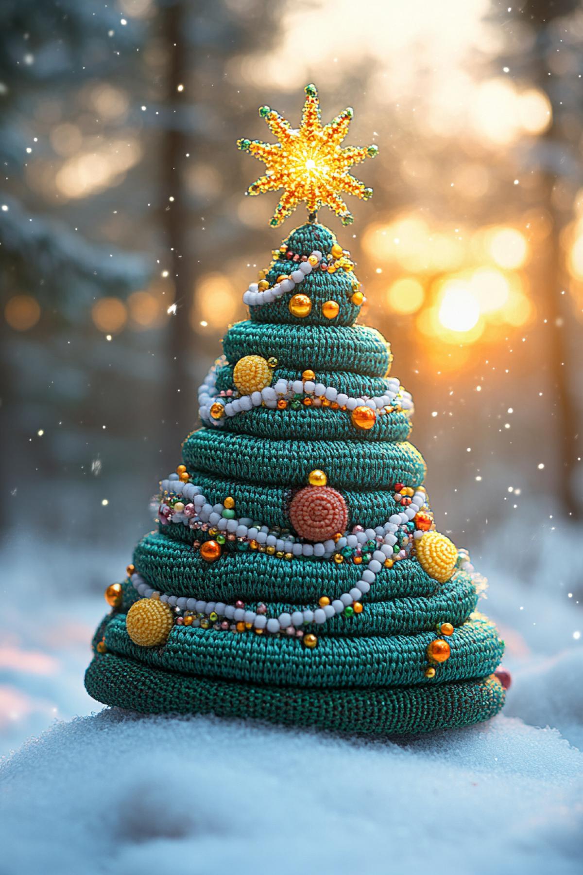 Christmas tree made of green scraps of fabric with different textures, silk, velvet, brocade, trimmed with white lace and gold beads and colored glass beads, different sizes, touching, vintage, luxury, handmade, exclusive, decorative arts
