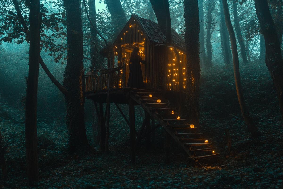 A magical wooden shelter of a medieval witch in the forest in a mysterious setting of magical anomalies