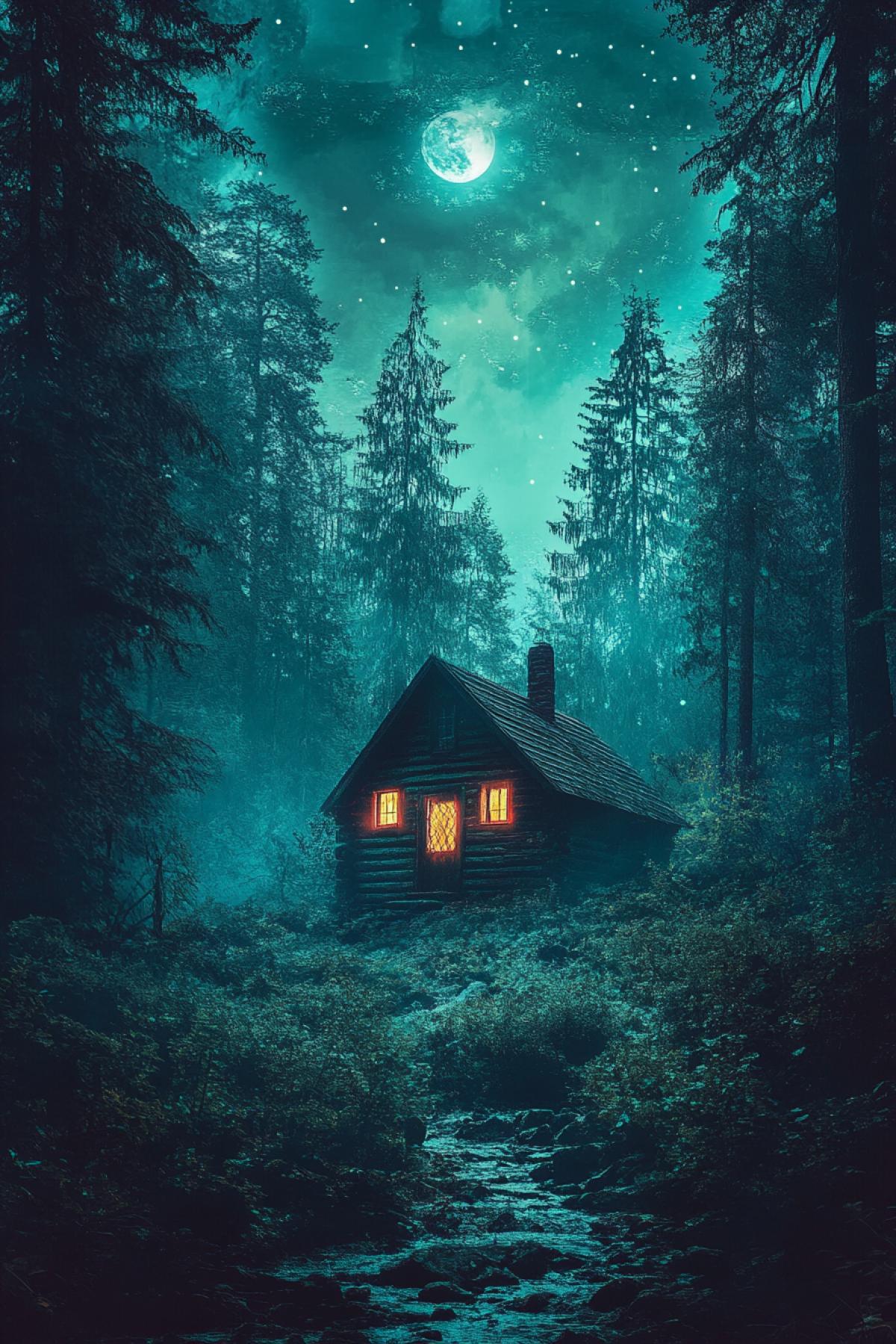 Cabin in the forest, neon design, fusion, minimalism, flickering, realistic image, photoshop, neon