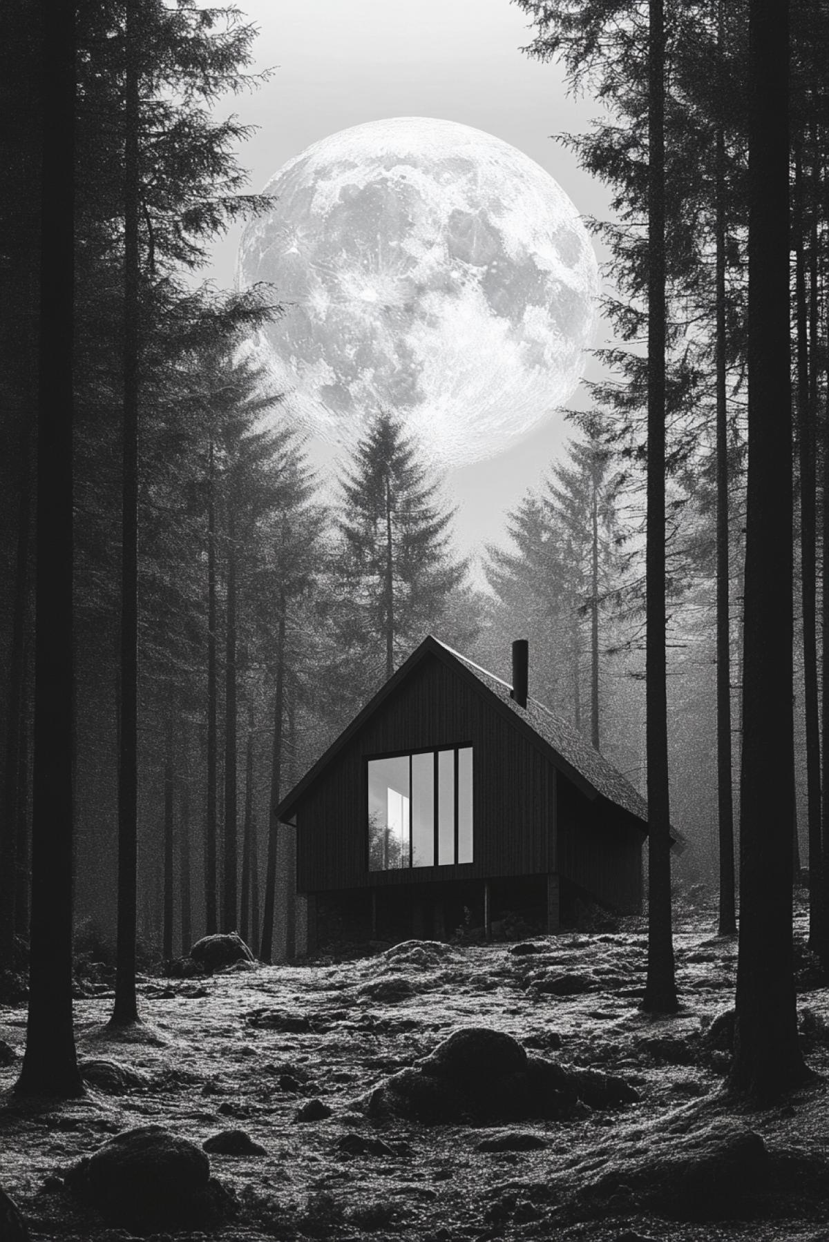 Cabin in the forest, Scandinavian style, minimalism, cosmic nature, flickering, realistic image, photoshop, another planet