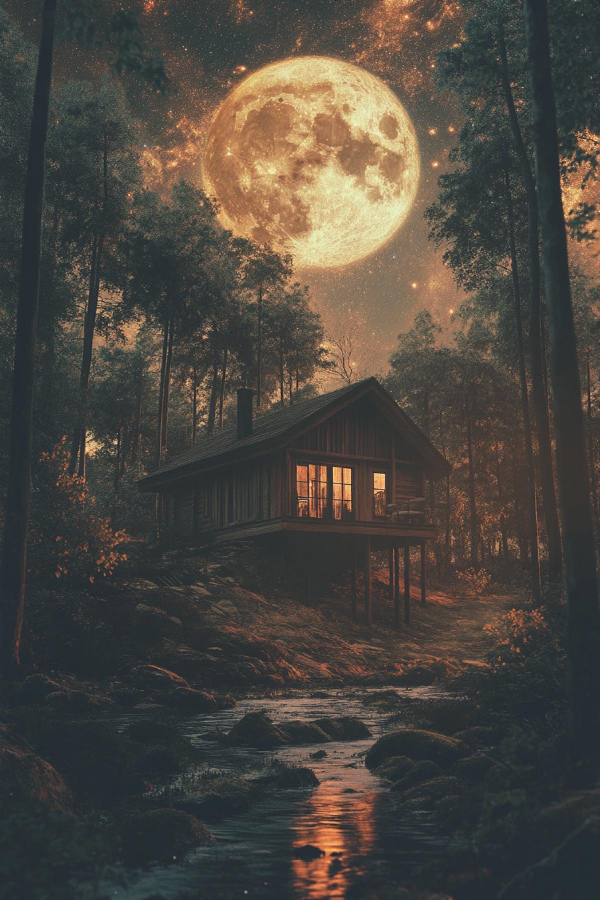 Cabin in the forest, Scandinavian style, minimalism, cosmic nature, flickering, realistic image, photoshop, another planet