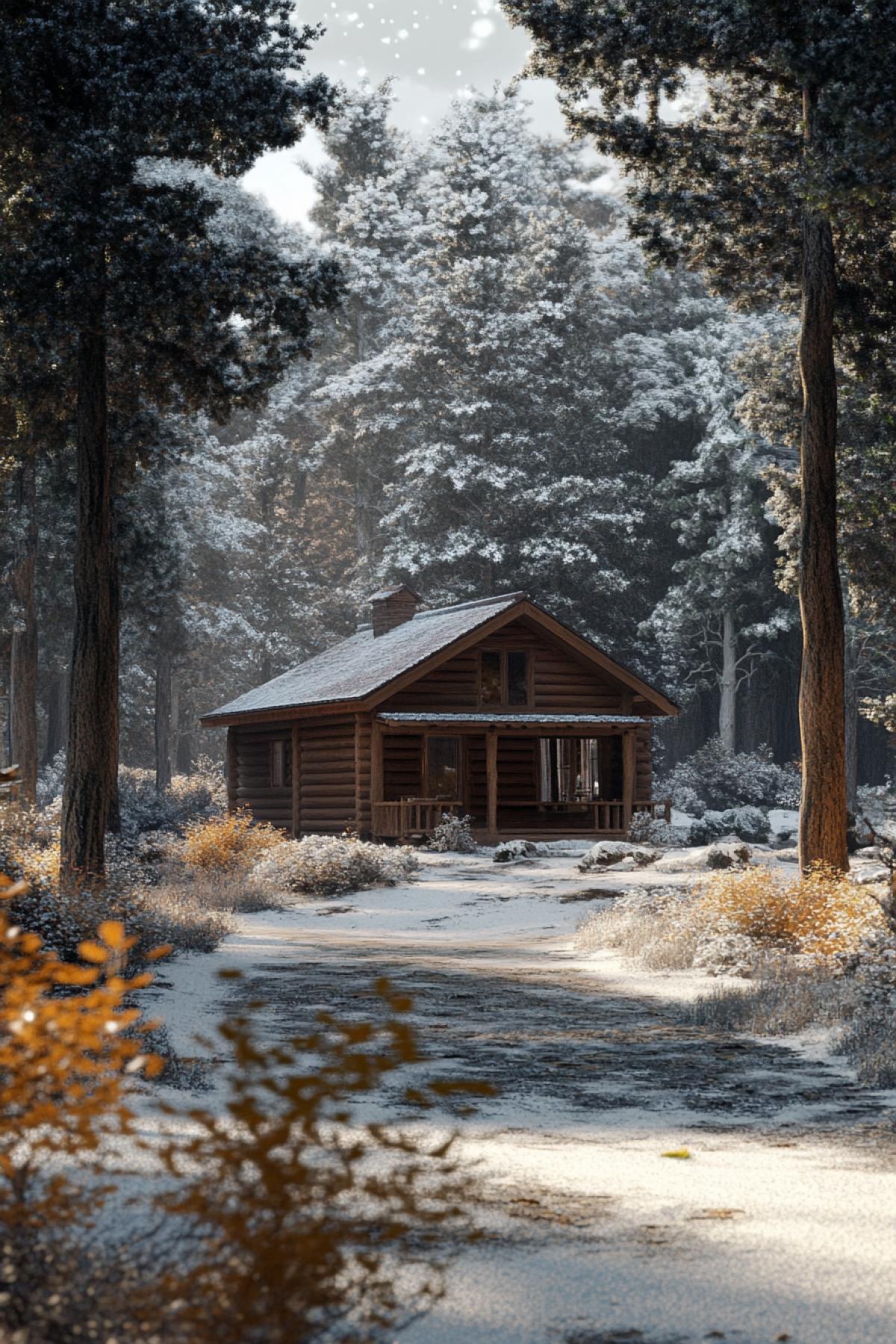 Cabin in the forest, Scandinavian style, minimalism, cosmic nature, flickering, realistic image, photoshop