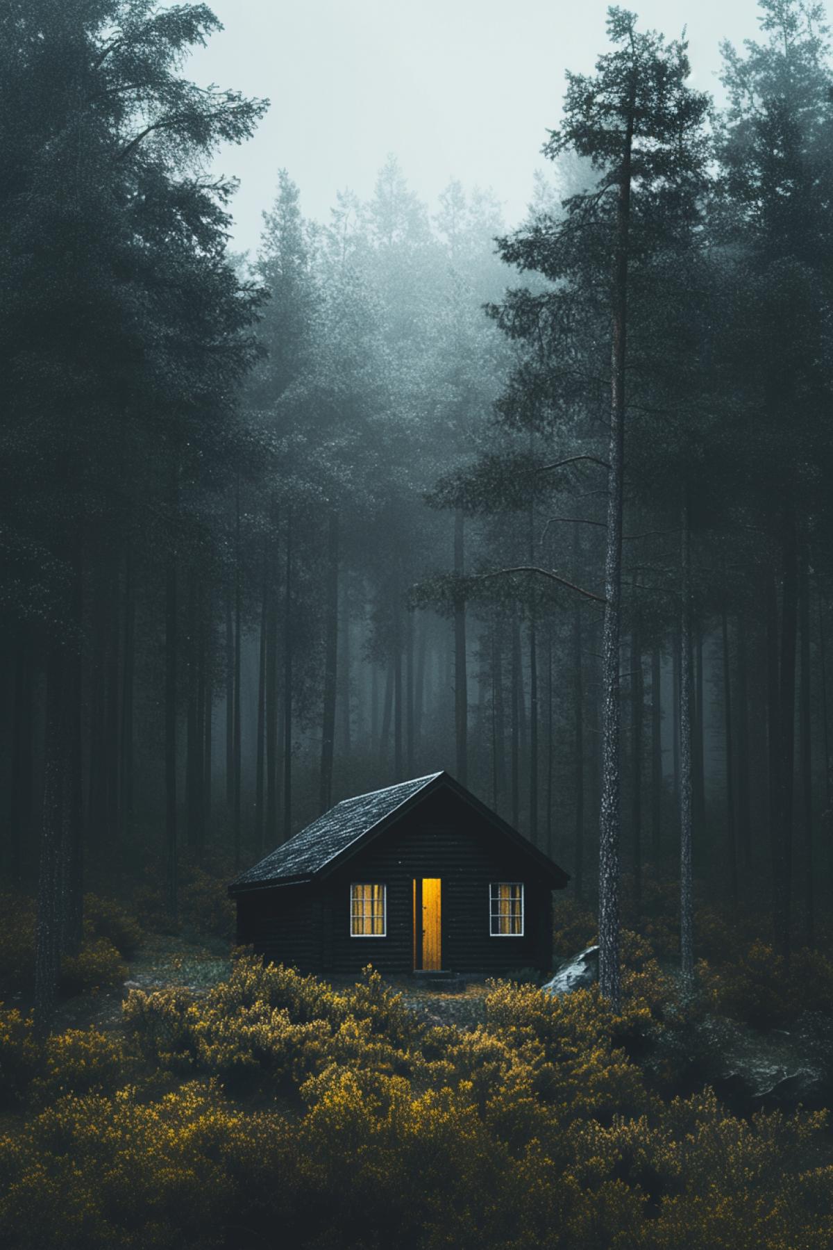 Cabin in the forest, Scandinavian style, minimalism, cosmic nature, flickering, realistic image, photoshop