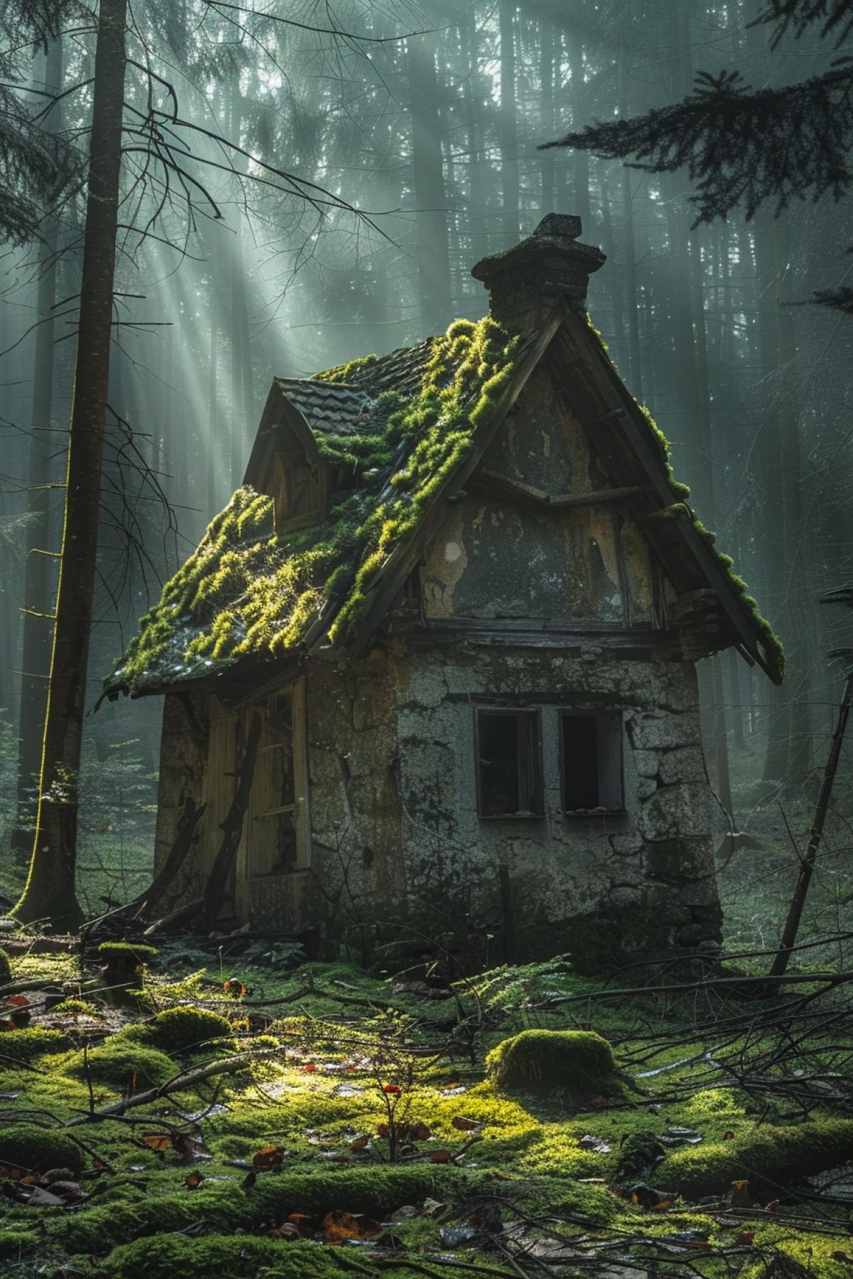 In an old, dark relict forest, where big moss-covered pines and spruce trees grow, in a forest where mushrooms grow, there is a small dilapidated hut. The rays of the sun luxuryly reach the hut. It’s very scary, it feels like there’s a witch living in the hut.