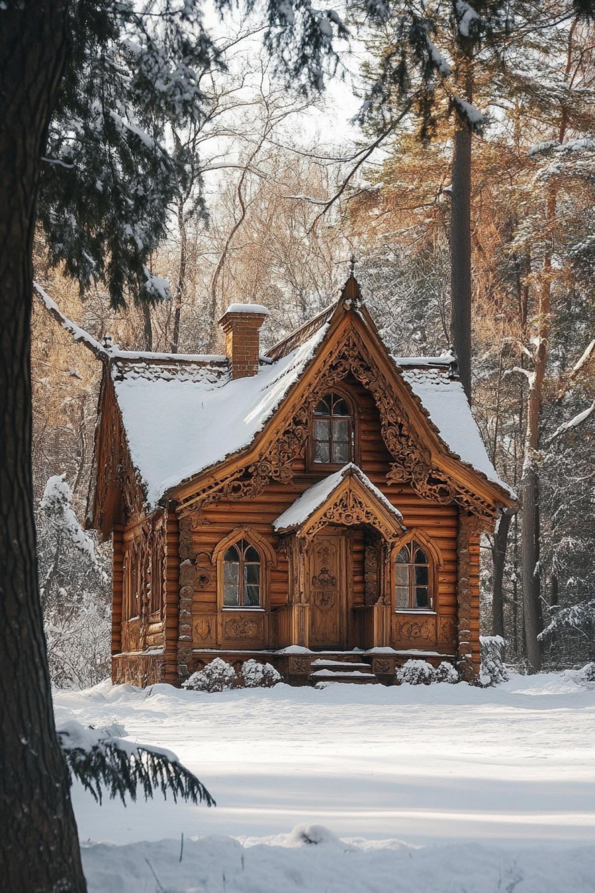 Russian hut with beautiful carved frames and shutters. There are centuries-old spruce and pine trees around. The image is in a bright gothic style.