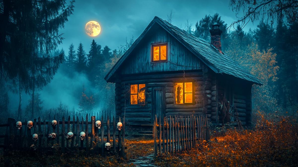a wide landscape orientation, a gloomy mystical scene, an old wooden house on chicken legs covered with moss, weak light from the window, a fence with hanging skulls. Against the background is a gloomy forest, fog, in the distance an old woman with glowing eyes, The glow of the moon. High print quality, photo-style image, ultra-realistic