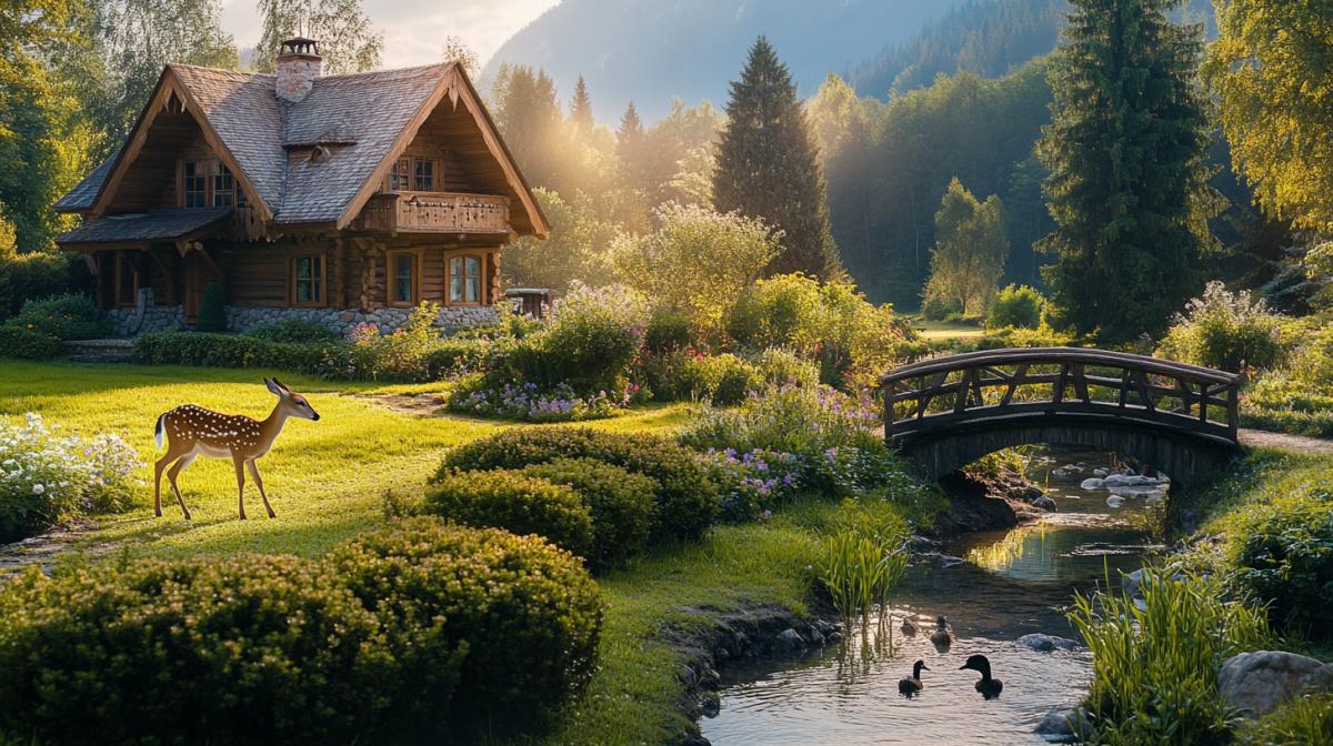 wide landscape orientation, fairy-tale scene, wooden house, the sun is shining, next to the house there is a stream with a bridge, neat flower beds, trimmed green bushes. Near the stream, a fawn drinks water. Ducks swim in the stream High quality print, photographic style image, ultra-realistic Rich colors
