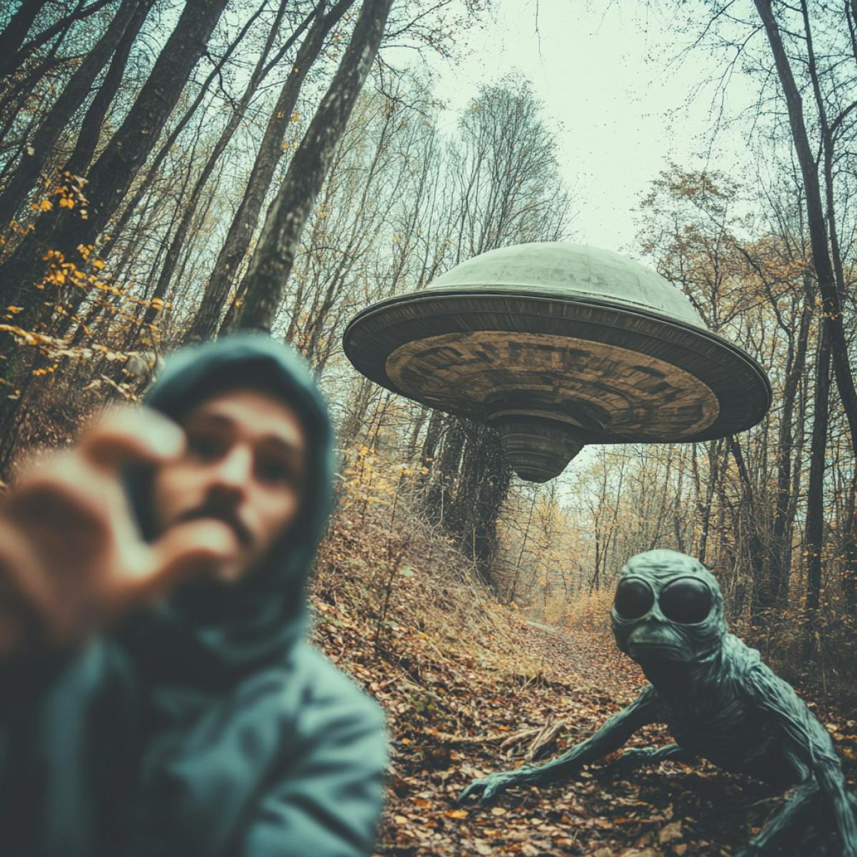 A frightened guy took a selfie with an alien in an old forest. A big alien spaceship lying in a ravine was captured in the frame.