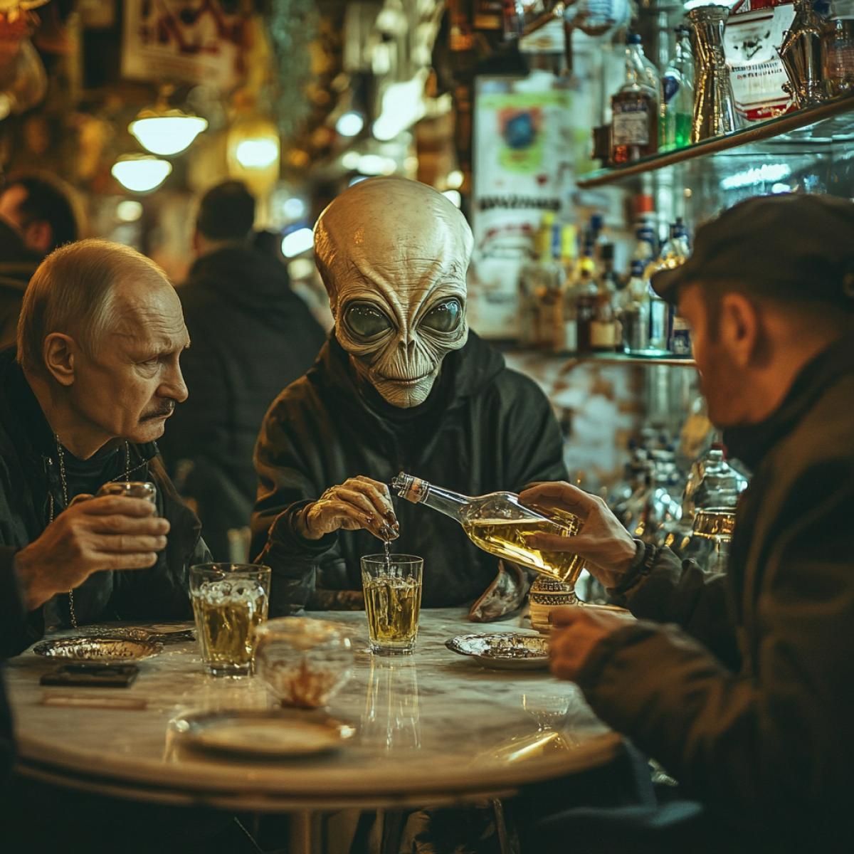The alien sits at a table with two very drunk Russian men in a glass shop and pours Russian vodka into a glass. People look from the side in surprise