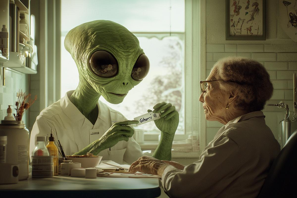 A green Alien with large dark almond-shaped eyes, a dentist treats a grandmother, writes out a prescription with the inscription \"Gihor\" on it, and the grandmother sits next to her.