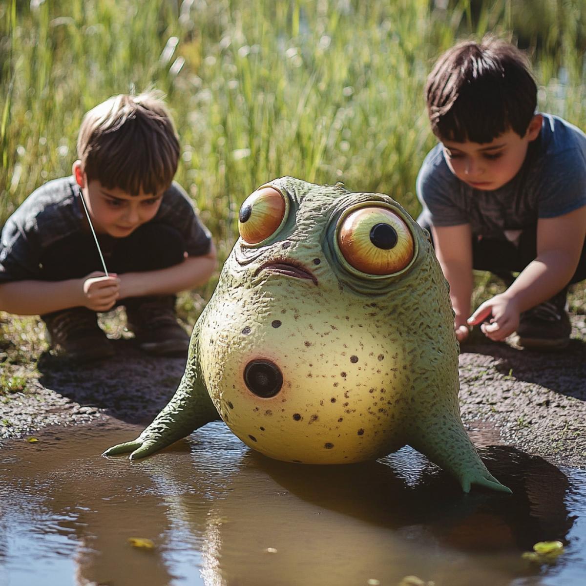 The children are inflating a real little green alien through a straw by the pond.