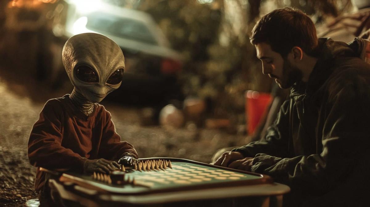 An alien plays backgammon in the yard with a man, high quality photo