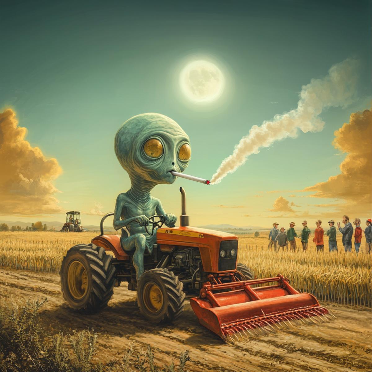 A funny alien with a cigarette in his mouth plows a field with a tractor. People from the outside look at him in surprise