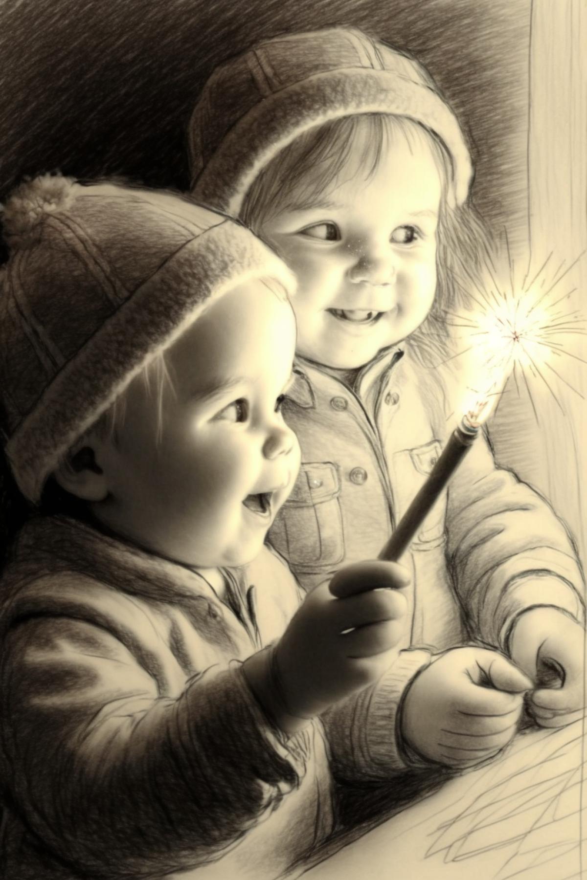 Childrens drawing with pencils about the New Year